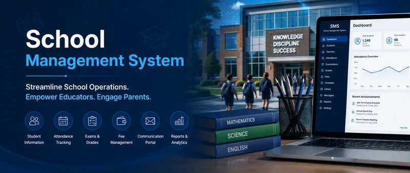 Online School Management System running on a computer with books aside